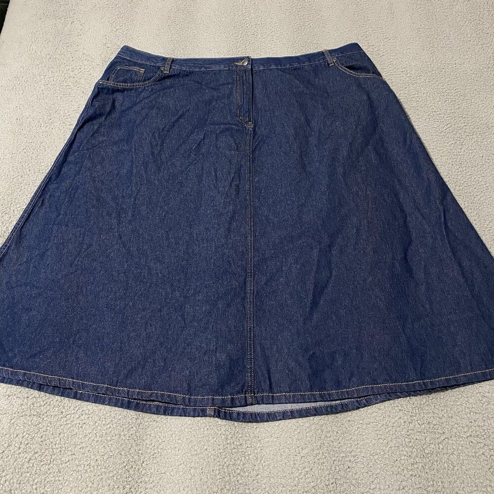 Roamans Denim Midi Skirt Women 30W Blue Dark Elastic Waist Pockets Modest Mature